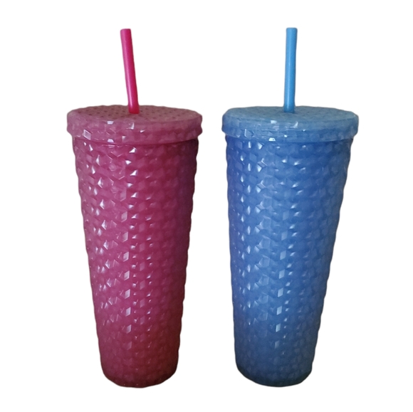 2 26 oz Travel Tumbler Double Walled Diamond Textured Studded Acrylic Straw NWT - Picture 6 of 6